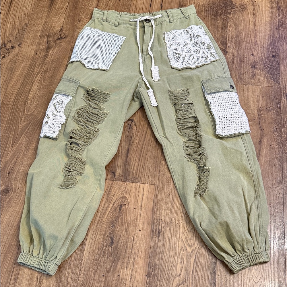 POL Olive Green Cargo Pants with Crochet Patches & Distressing